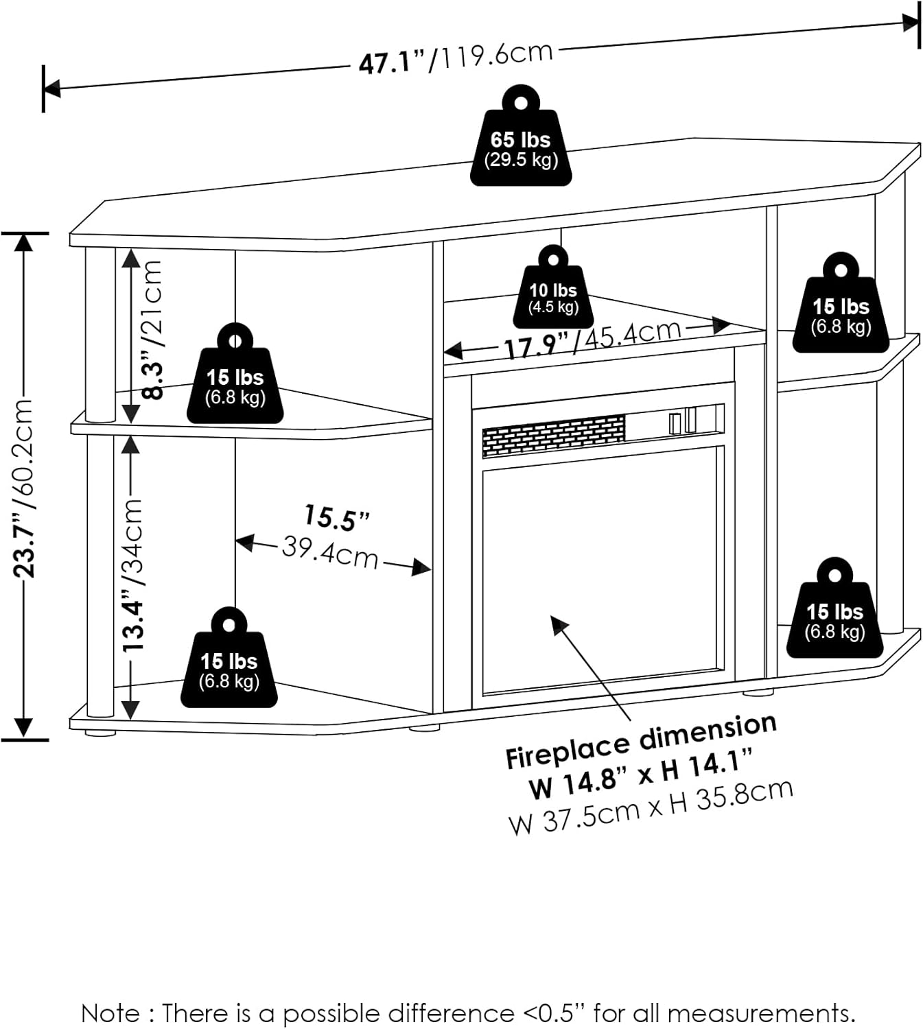 Furinno Jensen Storage Corner TV Stand with Fireplace