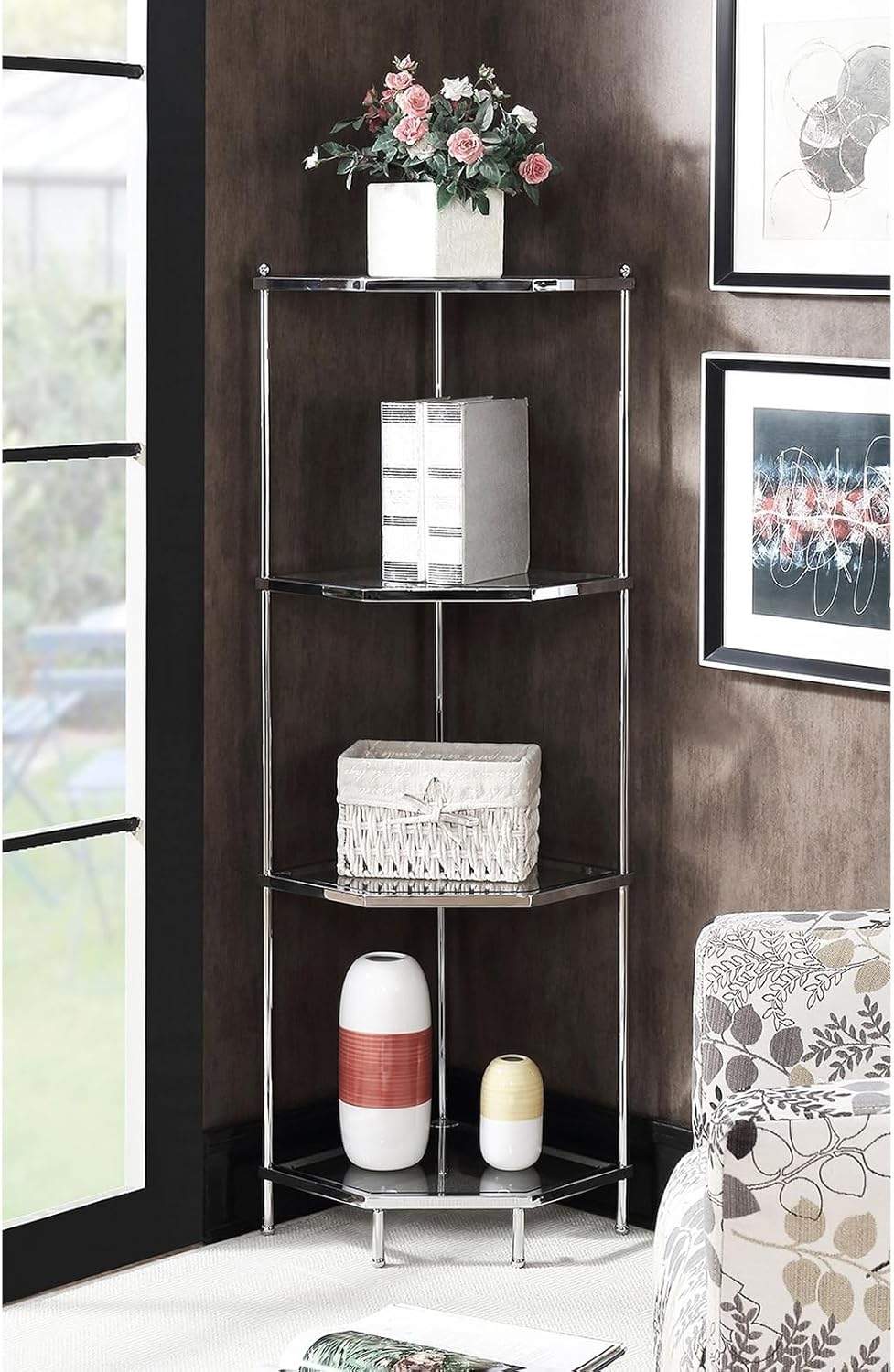 Convenience Concepts Royal Crest 4 Tier Corner Shelf Chrome Glass