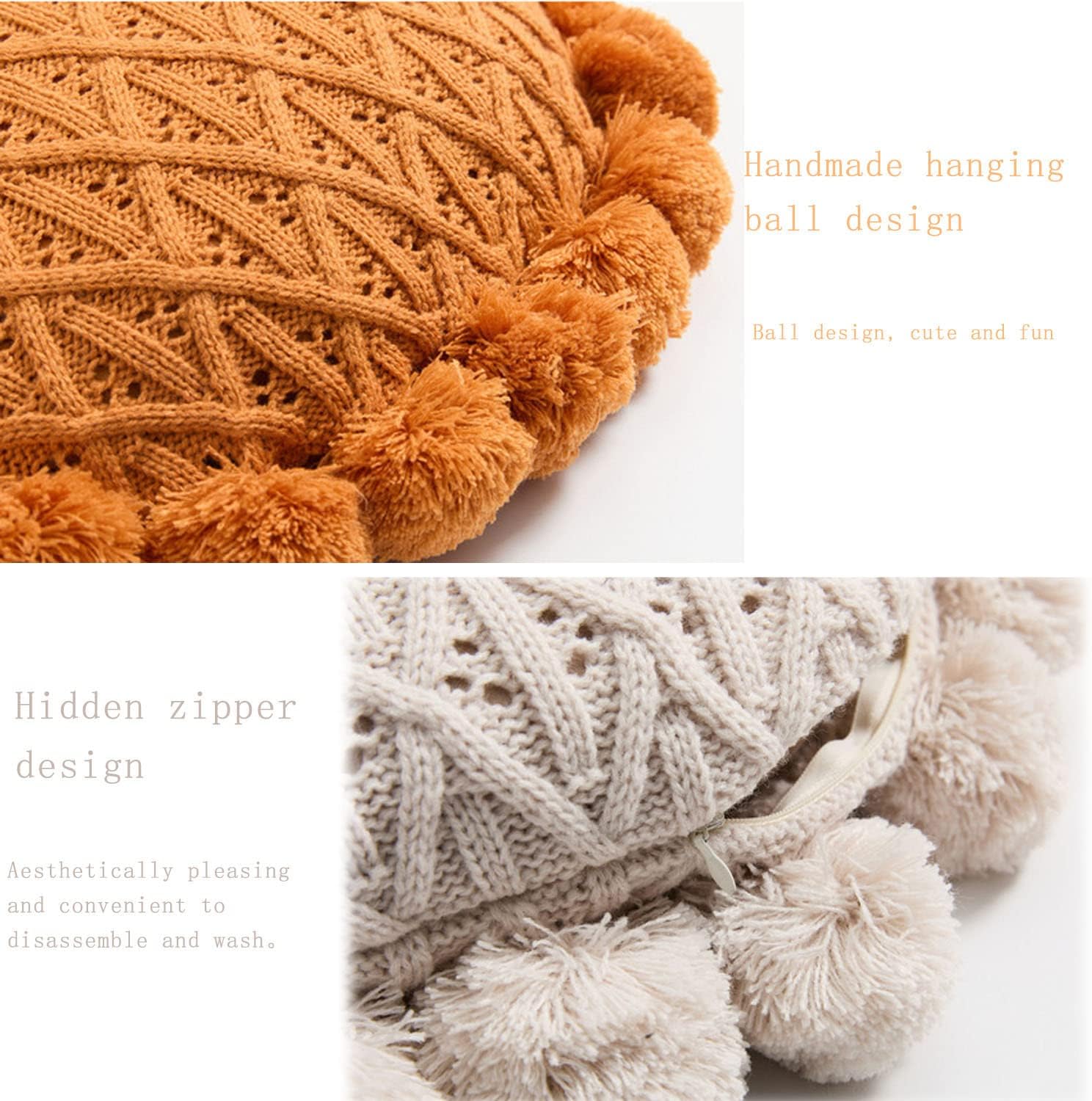 IXITON Round Knitting Pompoms Pillow Sunflower Decorative Cushion Throw Pillow with Insert 20 Inch Light Yellow