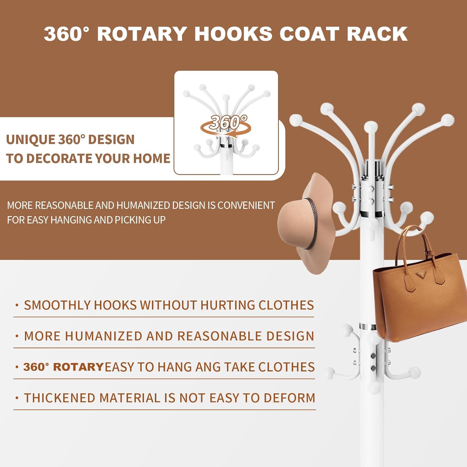 Modern Metal Coat Rack with 360 Rotary Design and Natural Marble Base