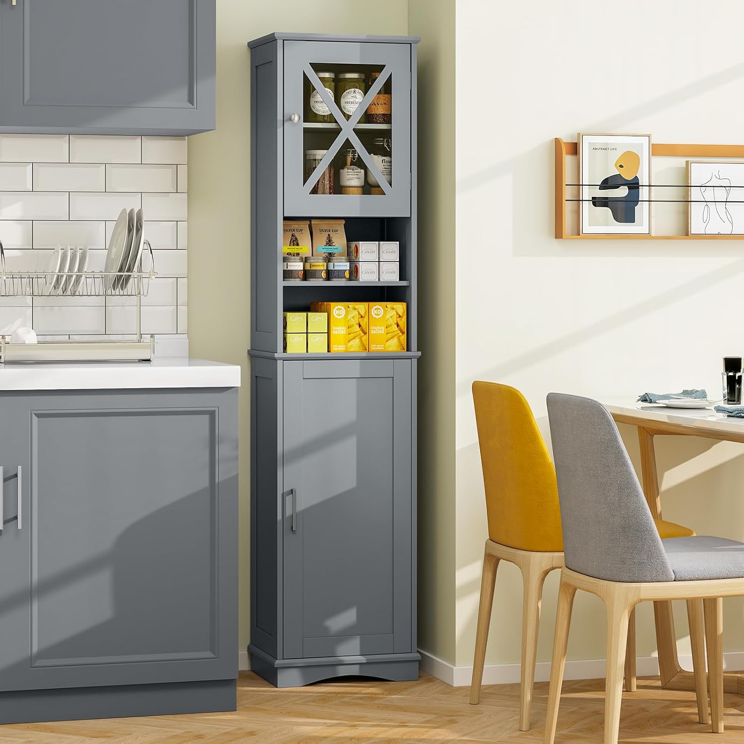 Tangkula 67 Inch Tall Bathroom Cabinet with Acrylic Doors and Adjustable Shelves