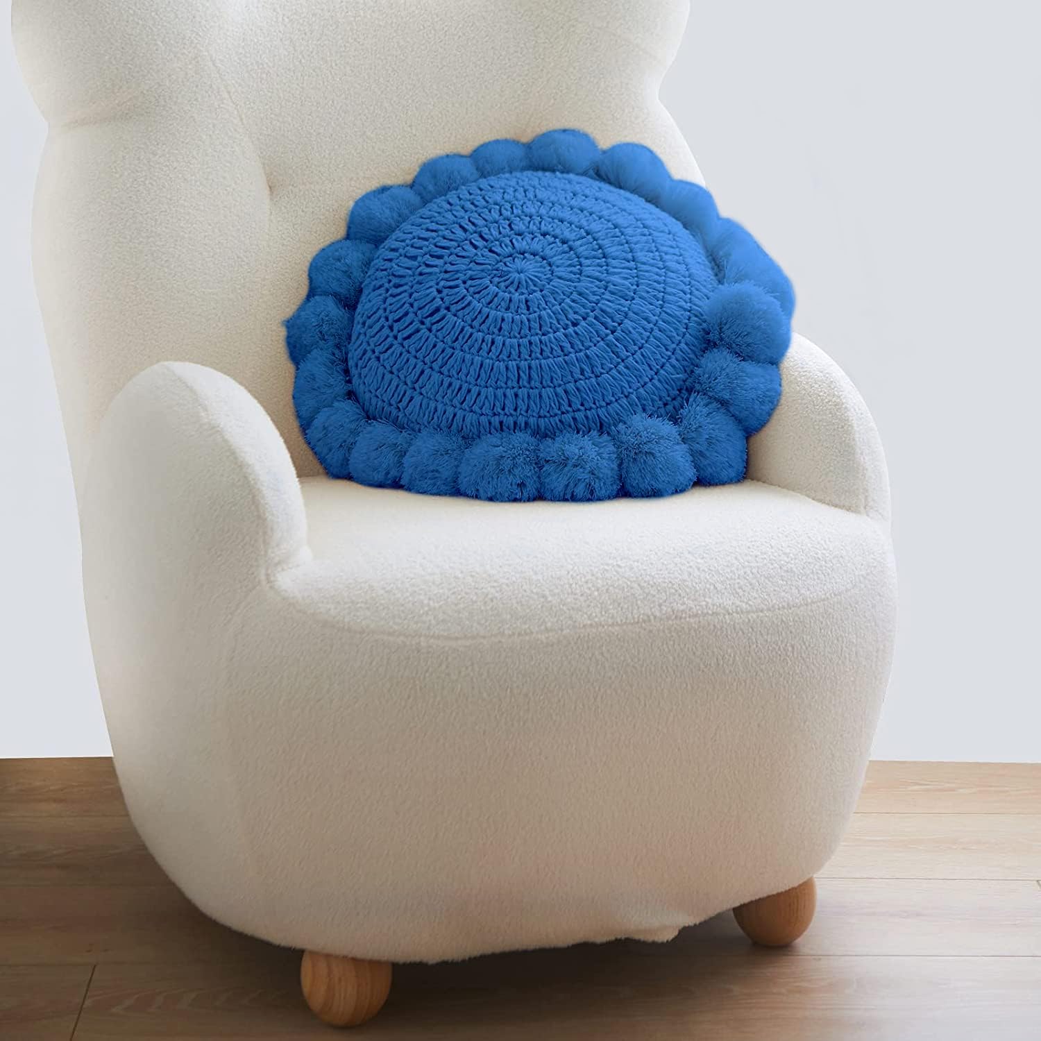 Boho Round Throw Pillow with Pom Poms Tassels 18 Inch Blue