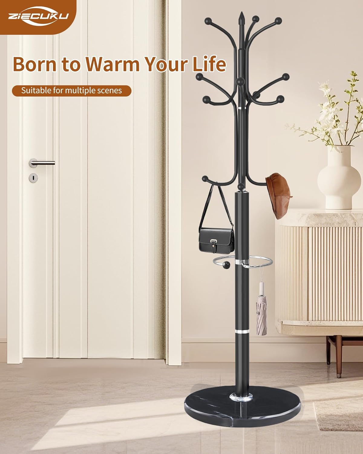 ZIECUKU Metal Coat Rack with Marble Base and 12 Hooks