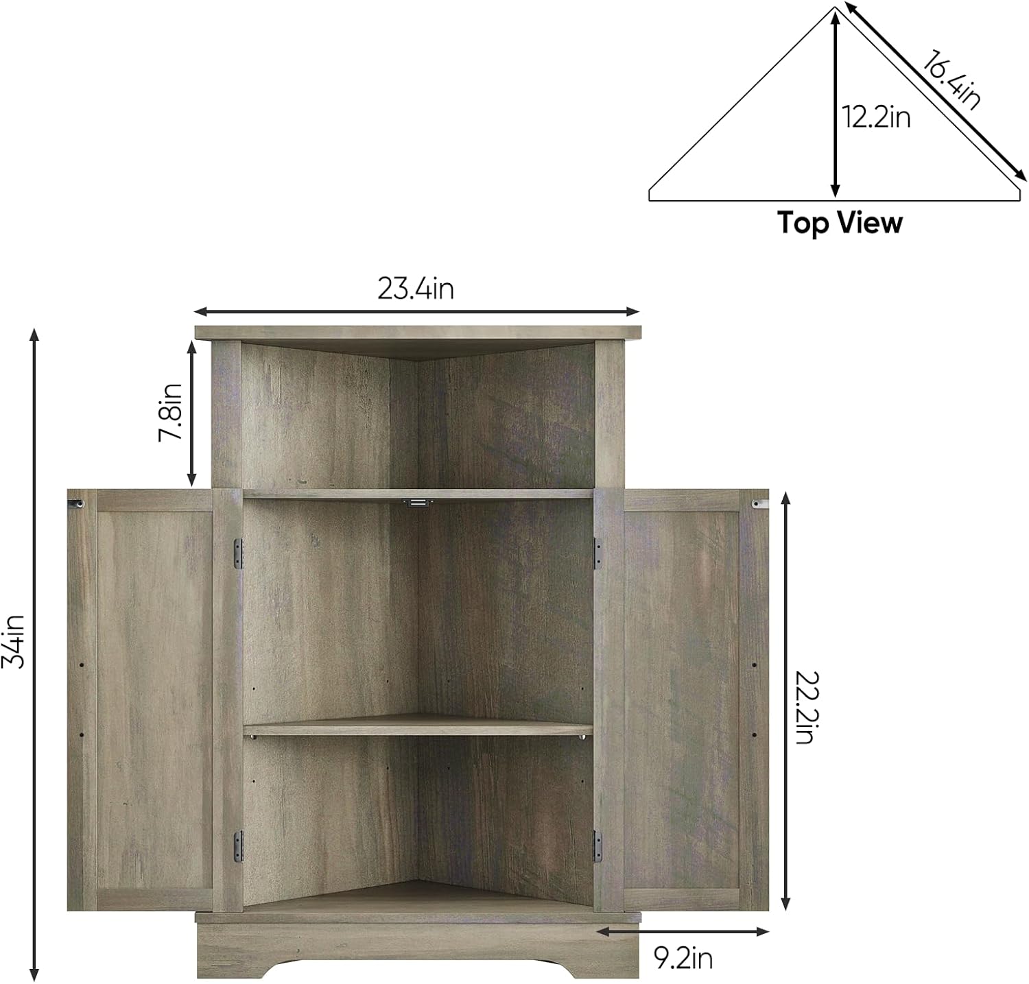 Farmhouse Corner Cabinet with Adjustable Shelves and Doors Grey