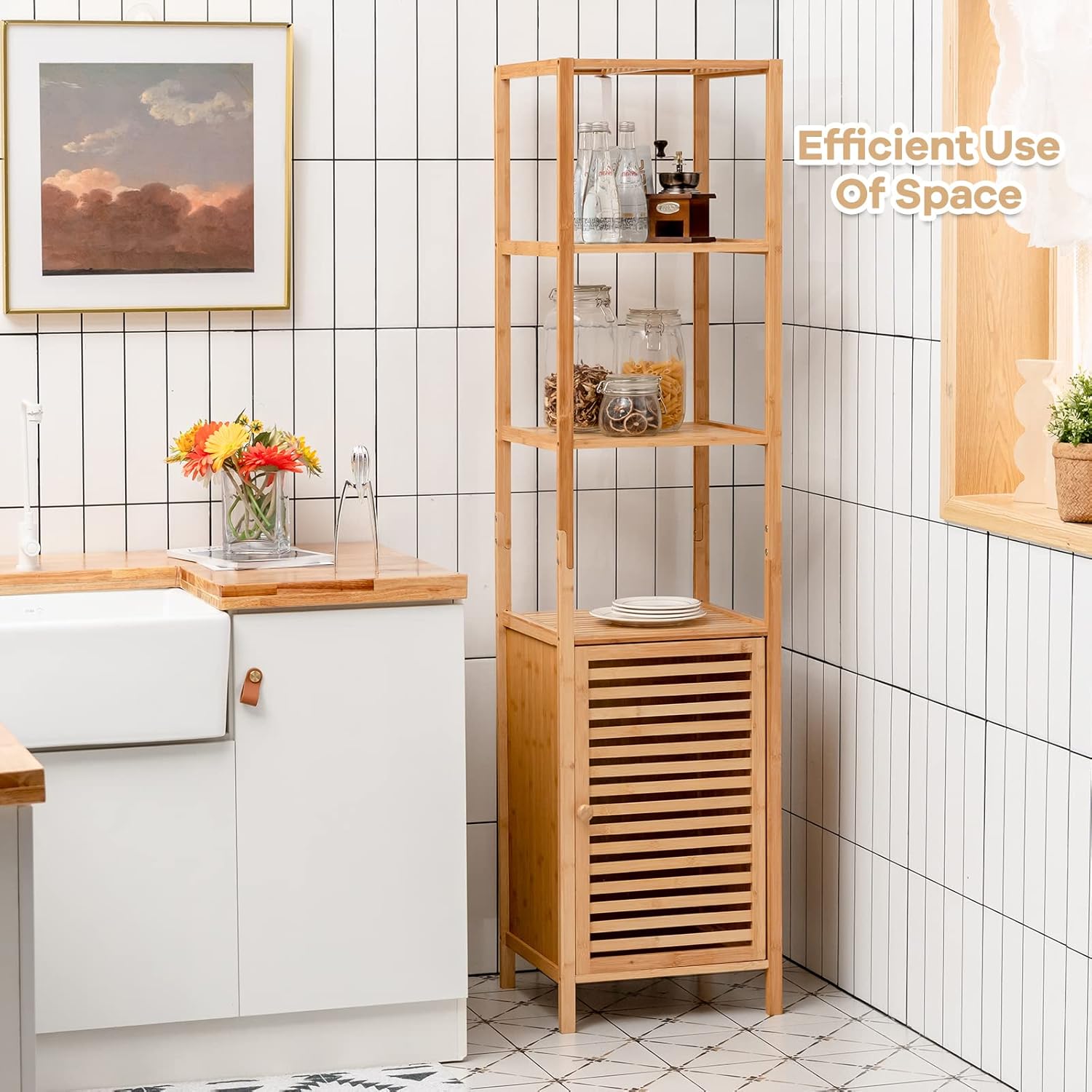 Giantex Bamboo Storage Cabinet 4-Tier Slim Shelving Unit with Shutter Door and Anti-Toppling Device