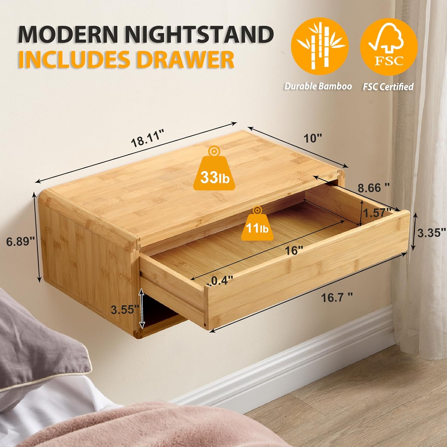 Bamboo Floating Nightstand with Storage Drawer