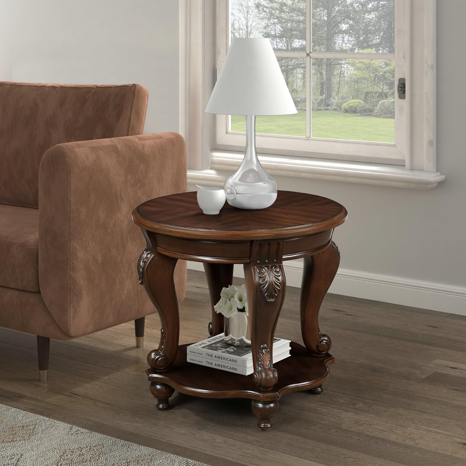 Retro Round End Table with Storage Shelf in Cherry