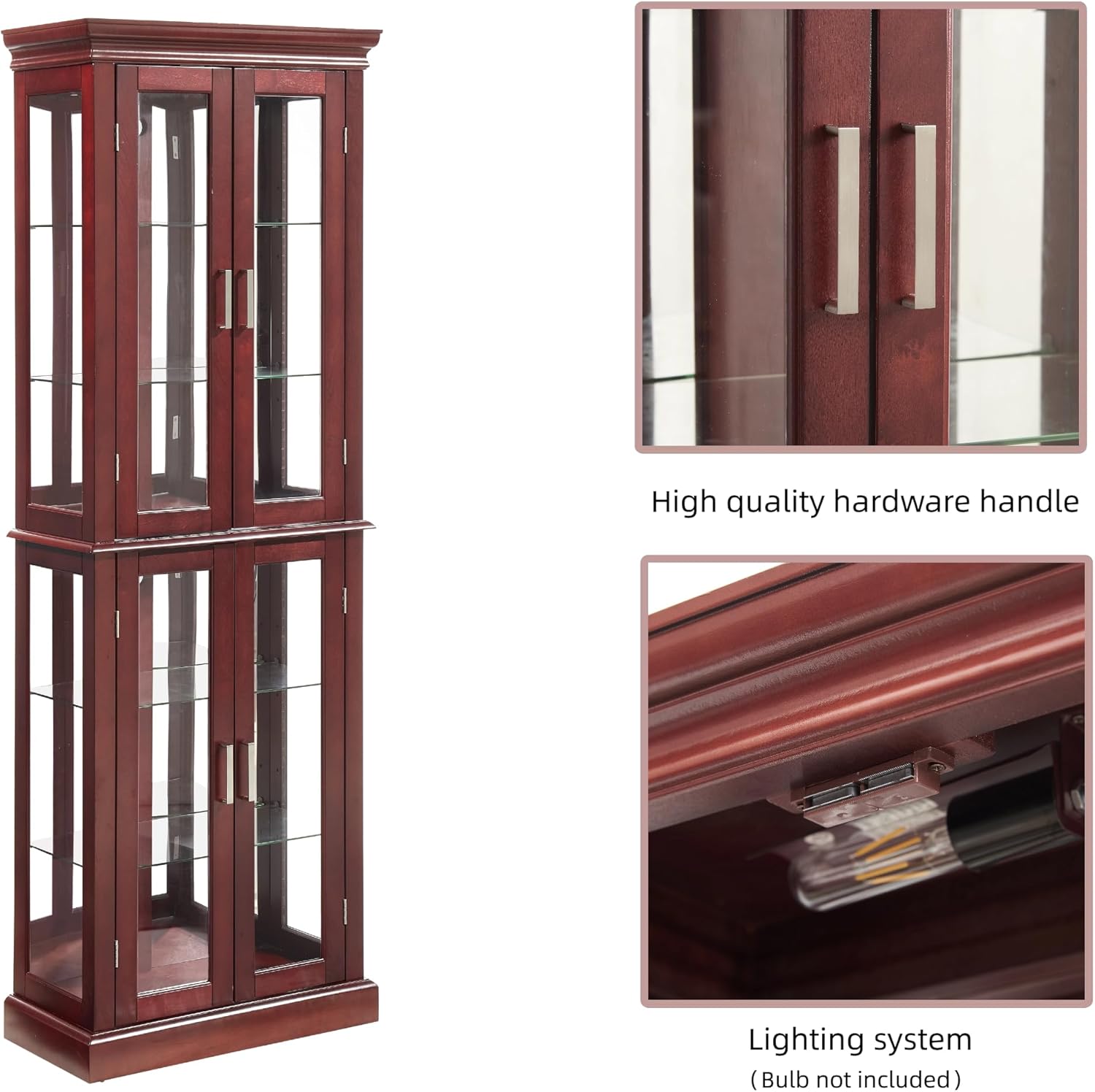 Tall Storage Cabinet with Adjustable Shelves and Lighted Glass Display