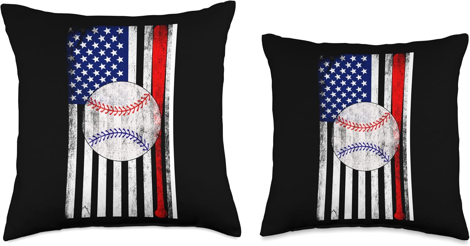 Baseball Pitcher Catching Throw Pillow with USA Flag Design
