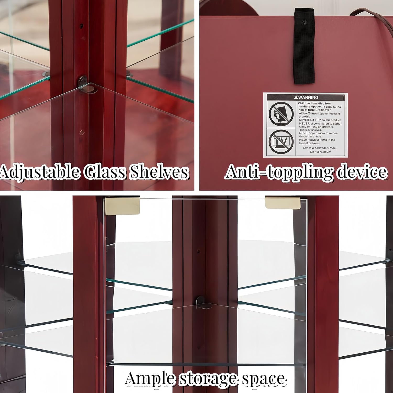 Cherry Corner Curio Cabinet with 4 Adjustable Glass Shelves and Glass Doors