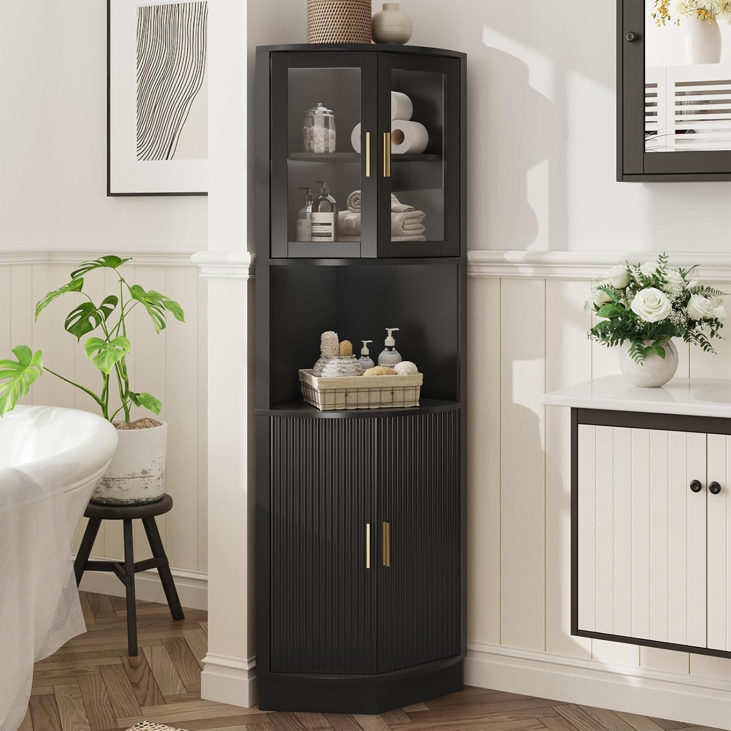 FiveWillowise 649 Tall Corner Cabinet with 5 Shelves Black