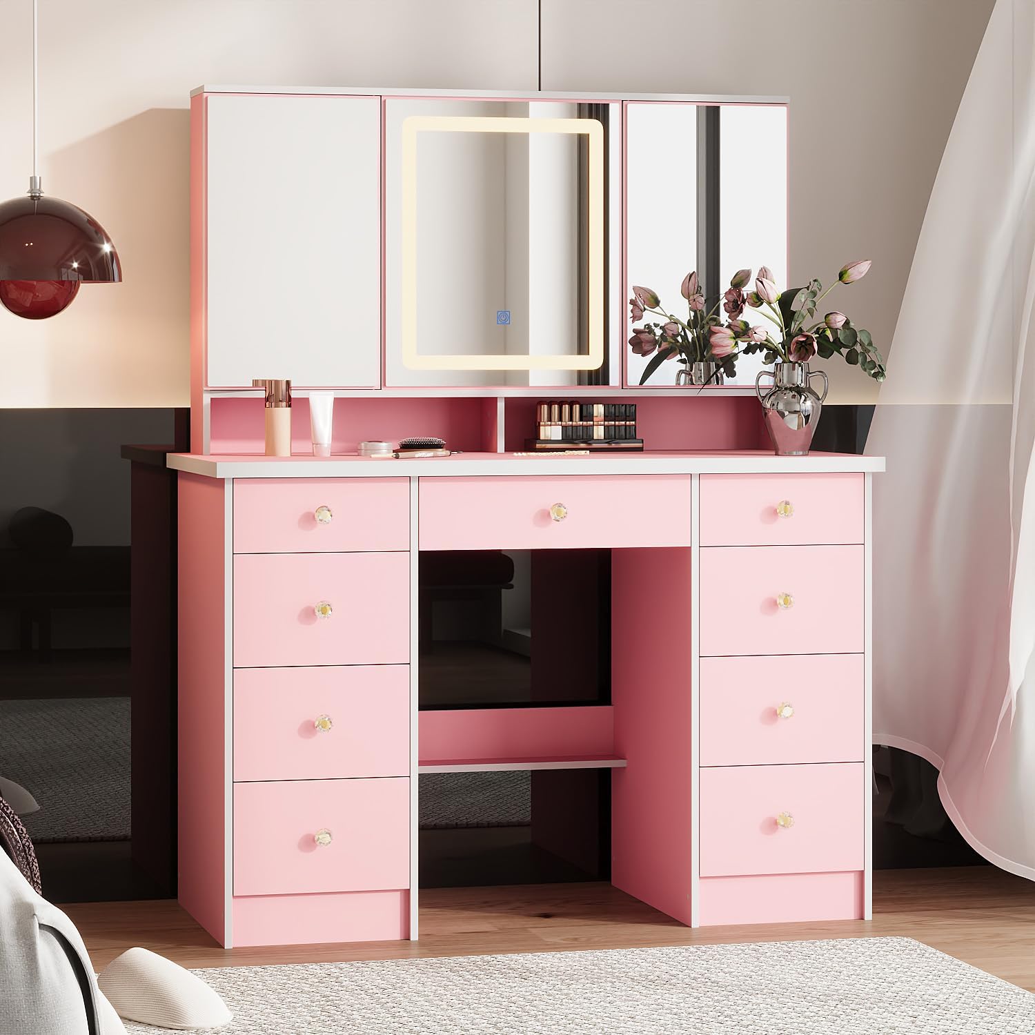 Timechee Vanity Mirror with 9 Drawers and 3 Color Lights