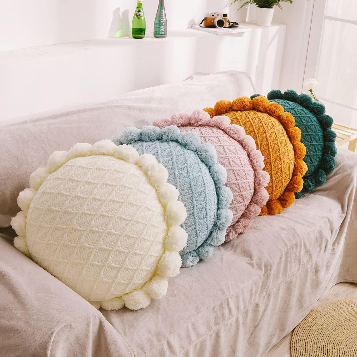 IXITON Round Knitting Pompoms Pillow Sunflower Decorative Cushion Throw Pillow with Insert 20 Inch Light Yellow
