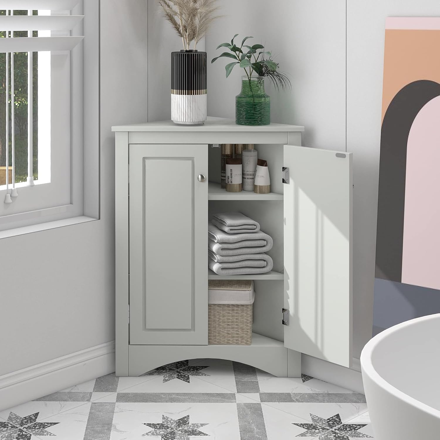 Merax Corner Cabinet with Adjustable Shelves Grey 1
