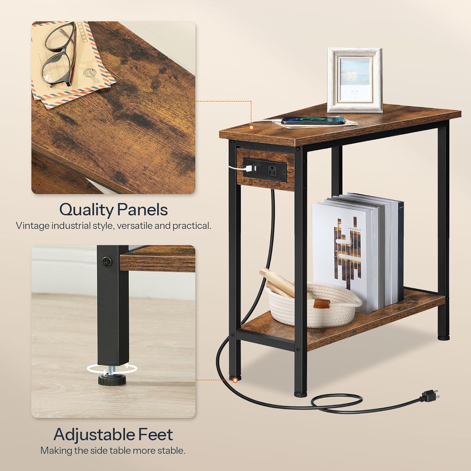 HOOBRO Wedge End Table with Charging Station