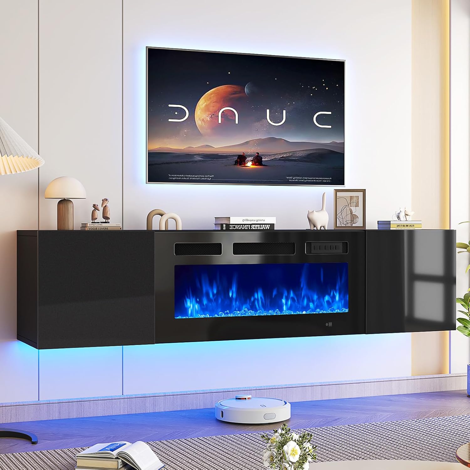 Oneinmil 70 Inch Floating TV Stand with Electric Fireplace