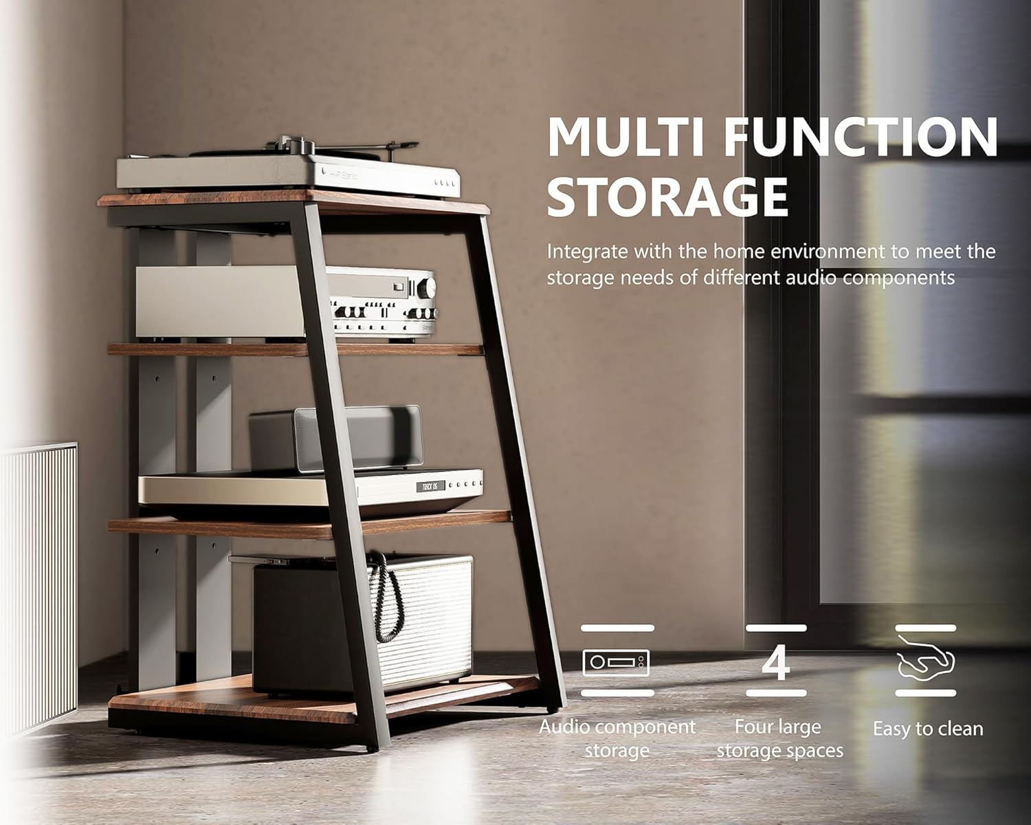 FITUEYES 4-Tier Media Stand Corner Shelf for PS4 and Record Player