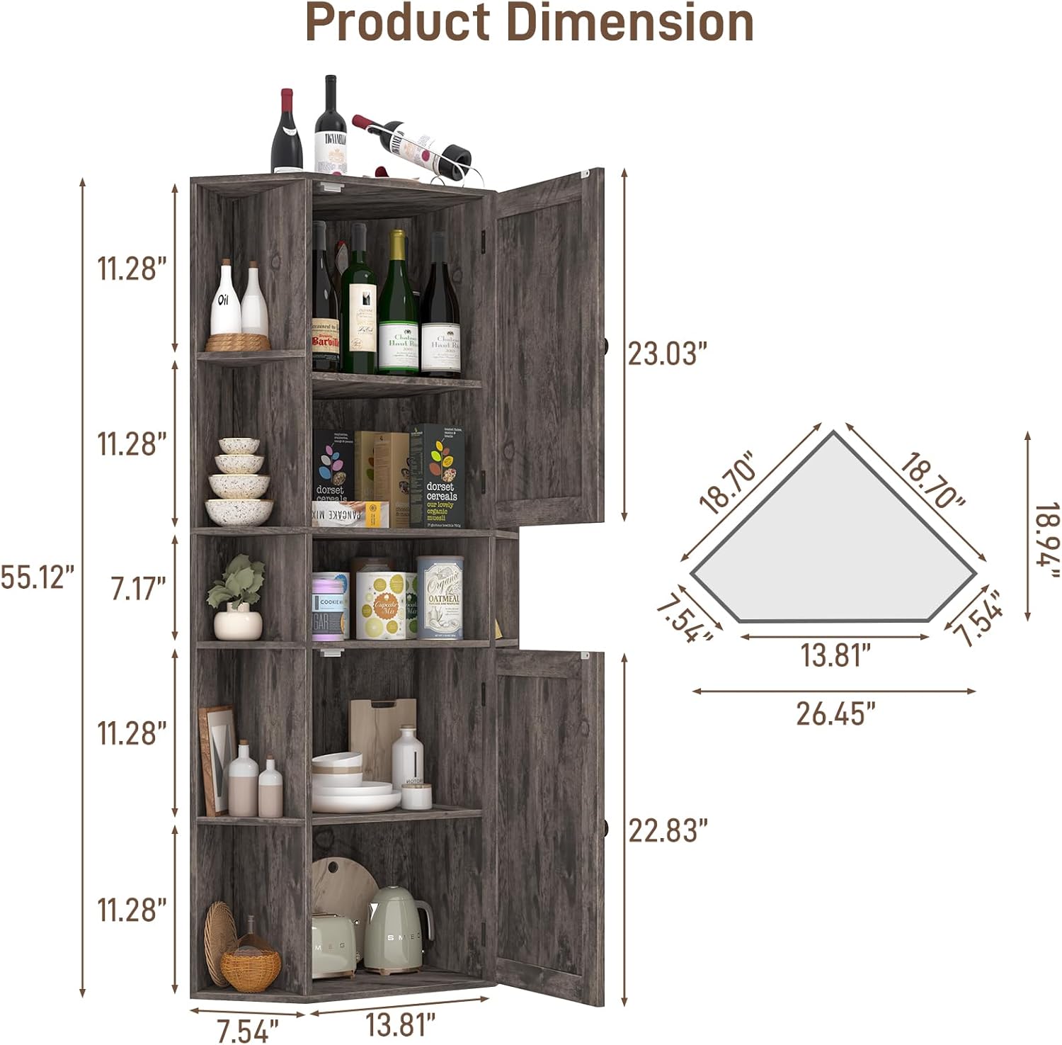 Farmhouse Corner Cabinet with Adjustable Shelves and Doors Grey 1