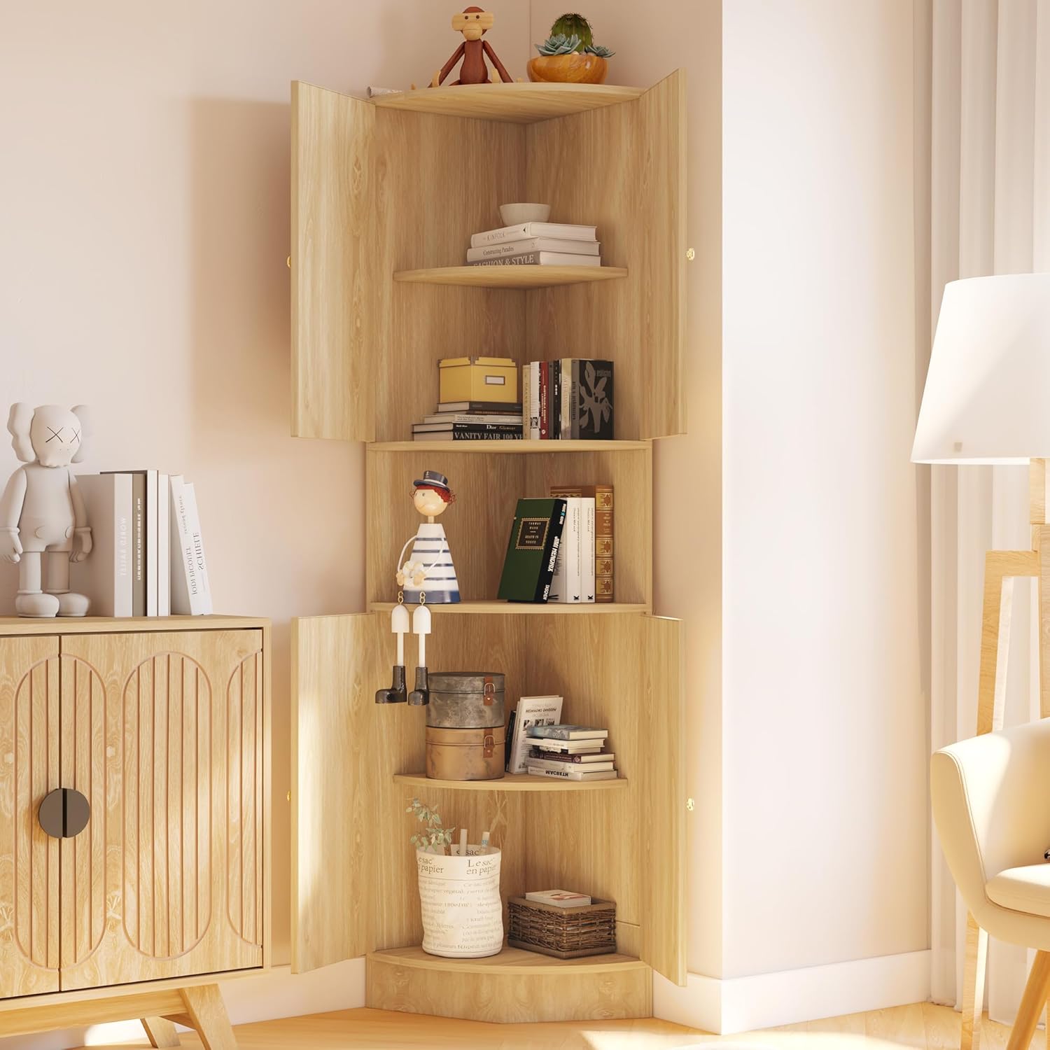 71 Inch Tall Corner Cabinet with Doors and 5-Tier Shelves