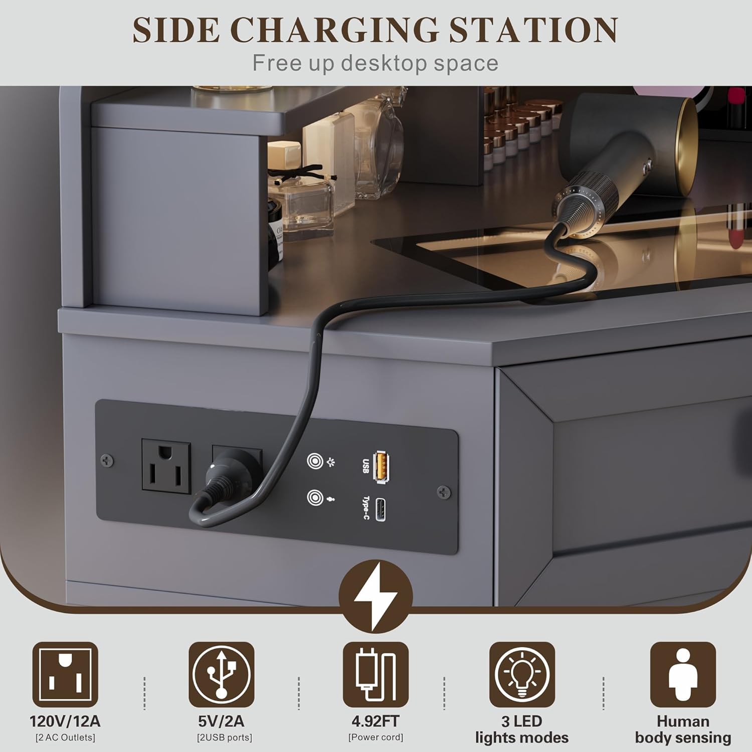 Modern Corner Vanity Desk with Mirror Lights and Storage