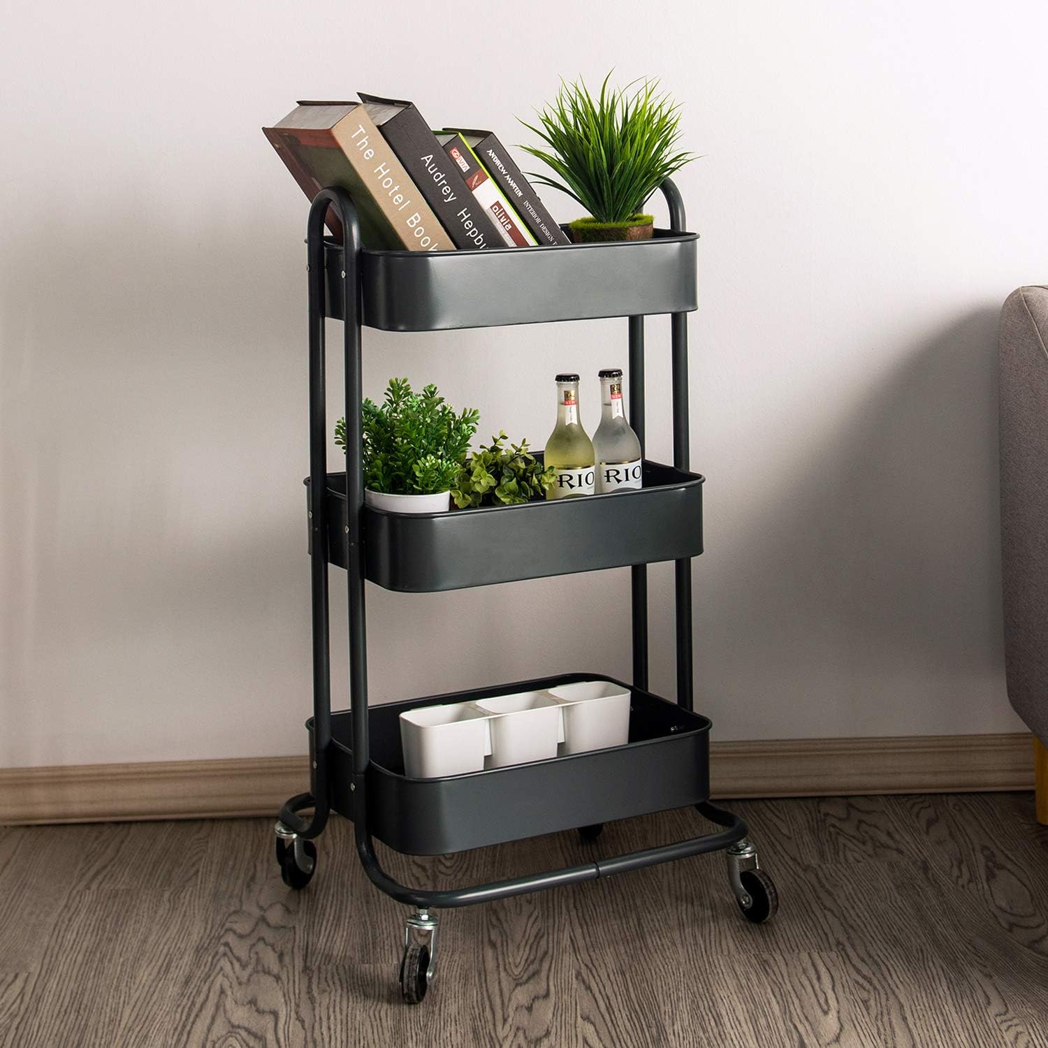 Wonline 3-Tier Metal Rolling Storage Cart with Locking Casters Grey