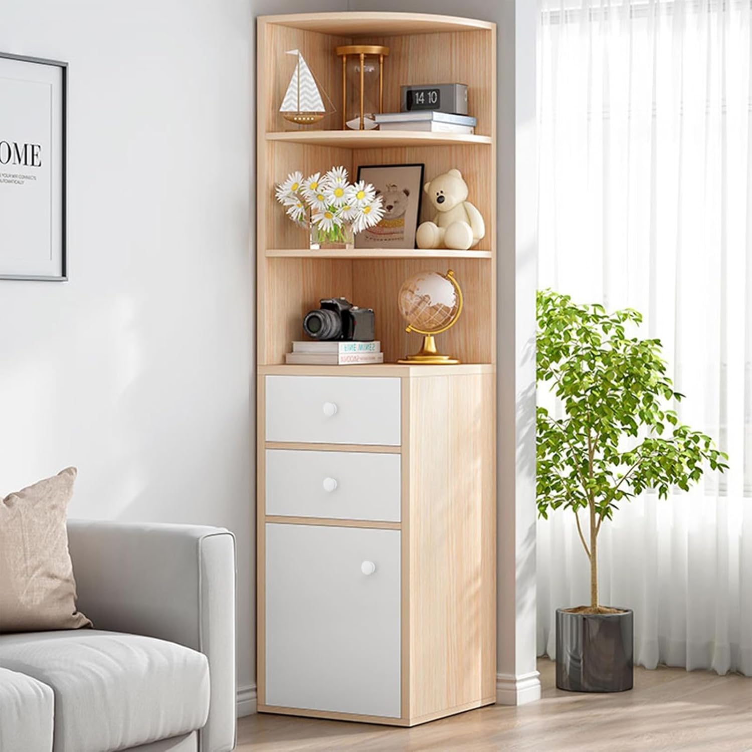 Washranp Tall Corner Cabinet with Open Shelves and Drawer