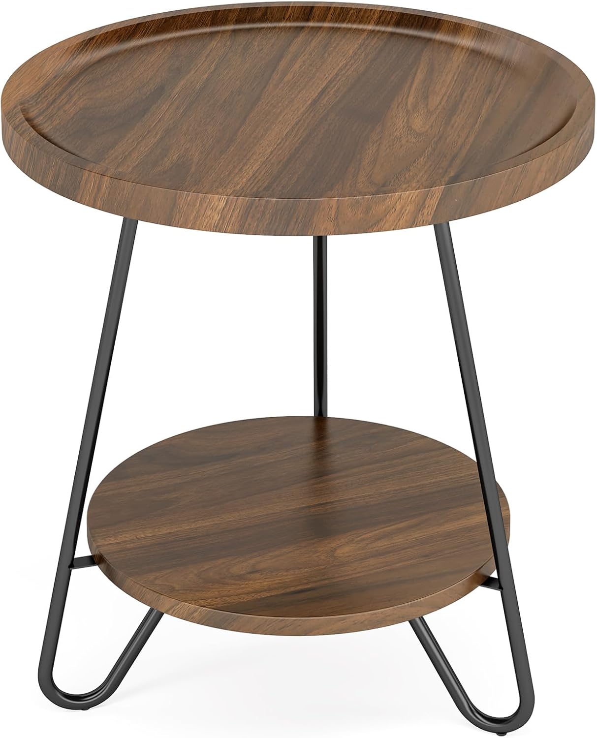 Tribesigns Round Side Table with Metal Legs 2-Tier End Table Modern Industrial Brown