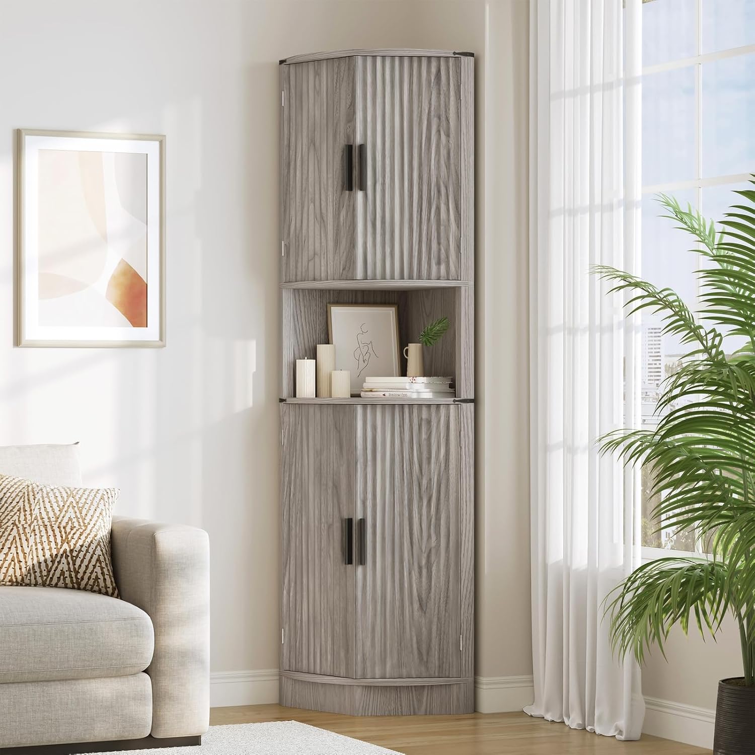 Maupvit 68 Inch Tall Corner Storage Cabinet with 4 Doors and 5 Shelves Rustic Gray