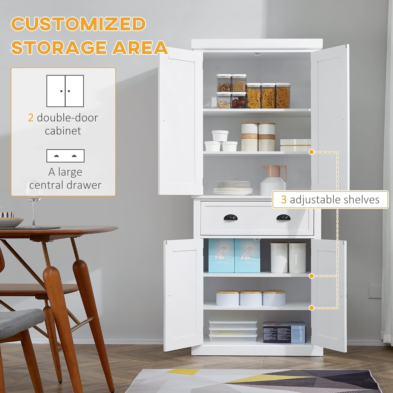 HOMCOM 725 Inch Kitchen Pantry Cabinet with 4 Doors Drawer and 3 Adjustable Shelves