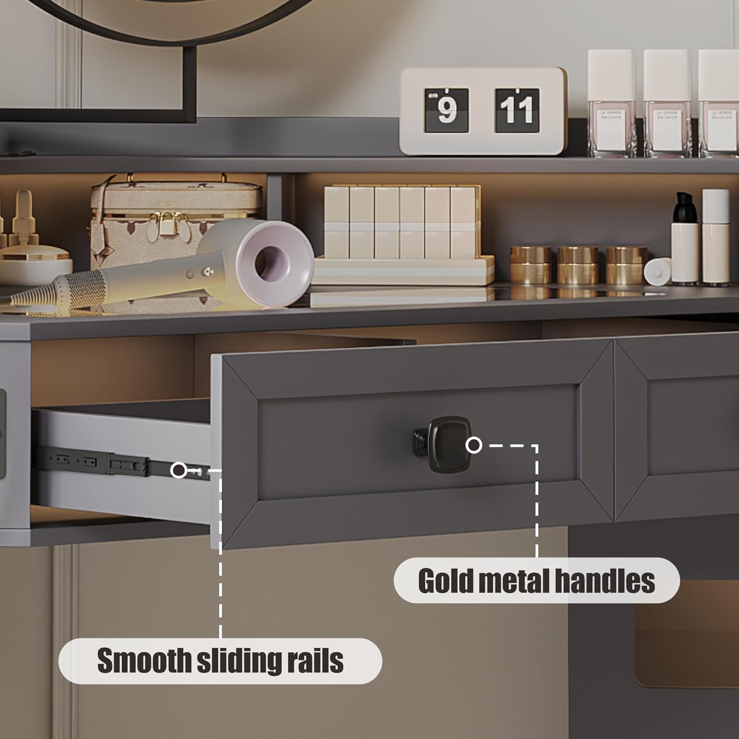 Modern Corner Vanity Desk with Mirror Lights and Storage