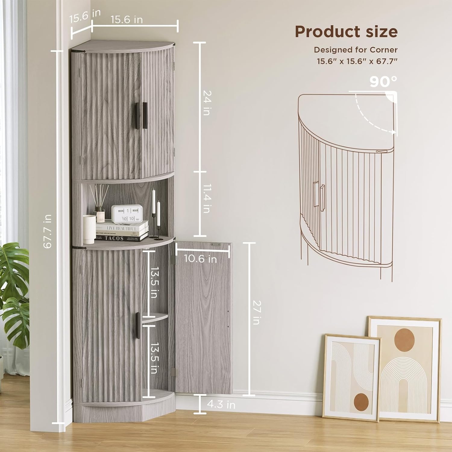 Maupvit 68 Inch Tall Corner Storage Cabinet with 4 Doors and 5 Shelves Rustic Gray