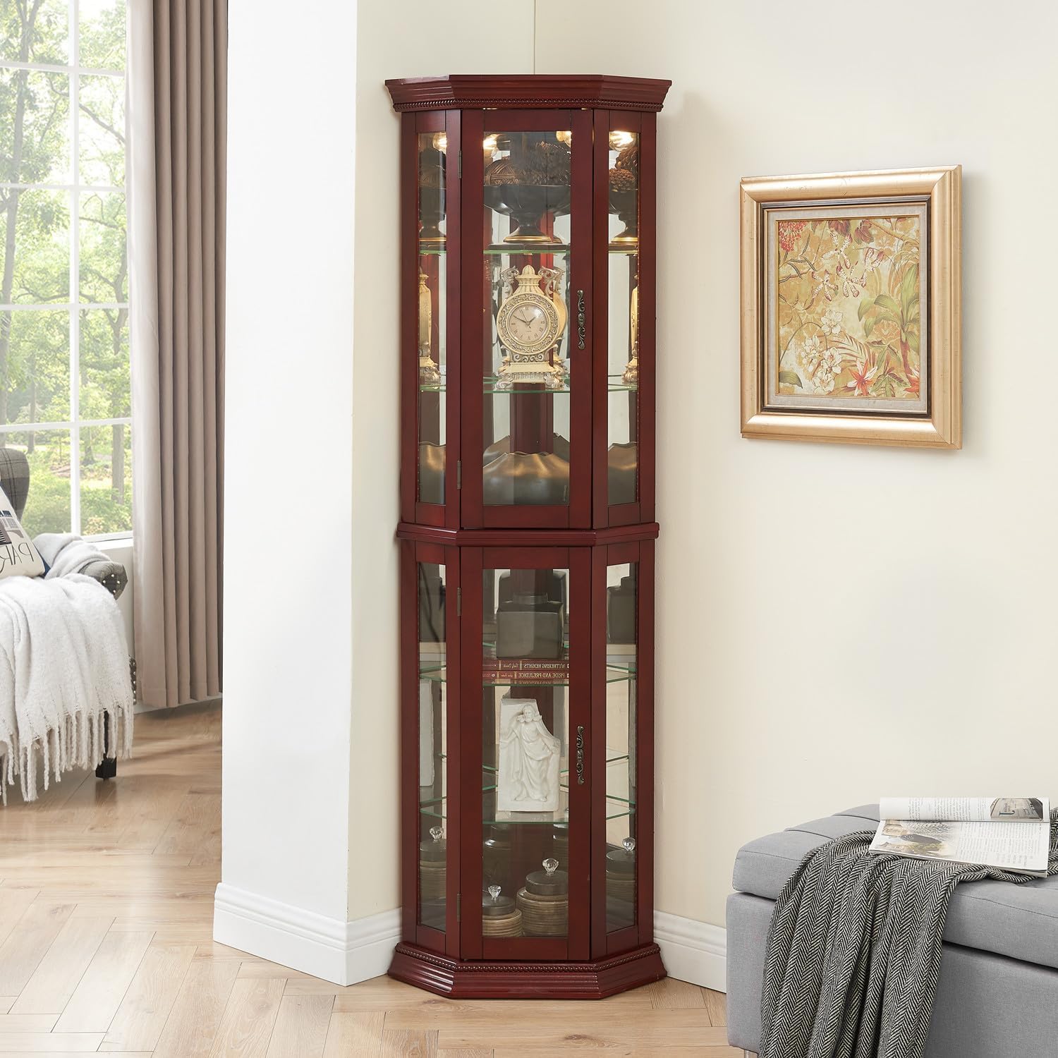 Cherry Lighted Corner Curio Cabinet with Glass Doors and 6 Shelves
