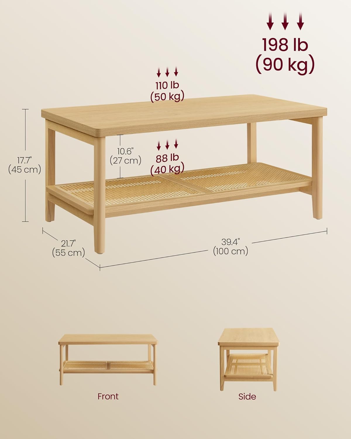 VASAGLE 2-Tier Coffee Table with PVC Rattan Storage Shelf