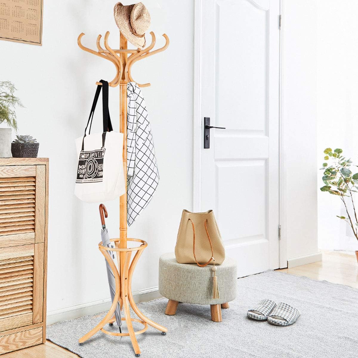 Tangkula 755 Inch Standing Coat Rack with 12 Hooks and Umbrella Stand