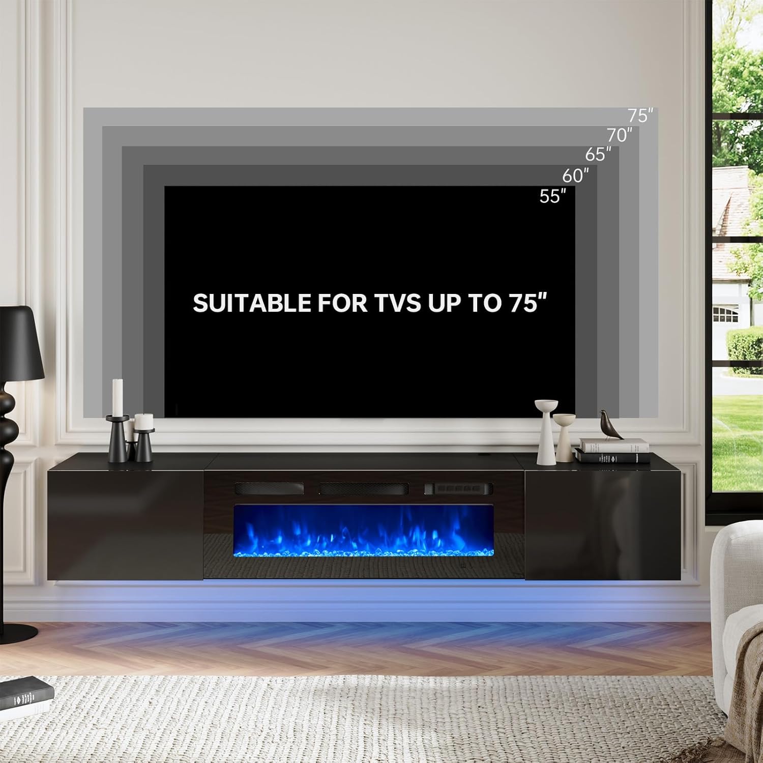 Oneinmil 70 Inch Floating TV Stand with Electric Fireplace