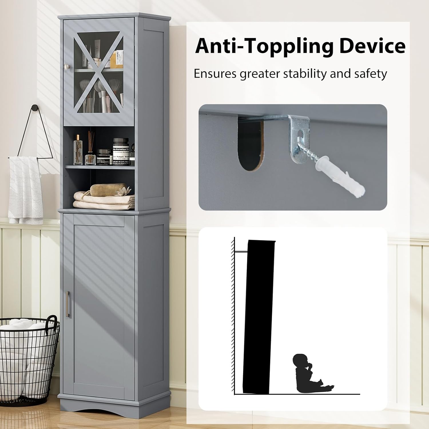 Tangkula 67 Inch Tall Bathroom Cabinet with Acrylic Doors and Adjustable Shelves