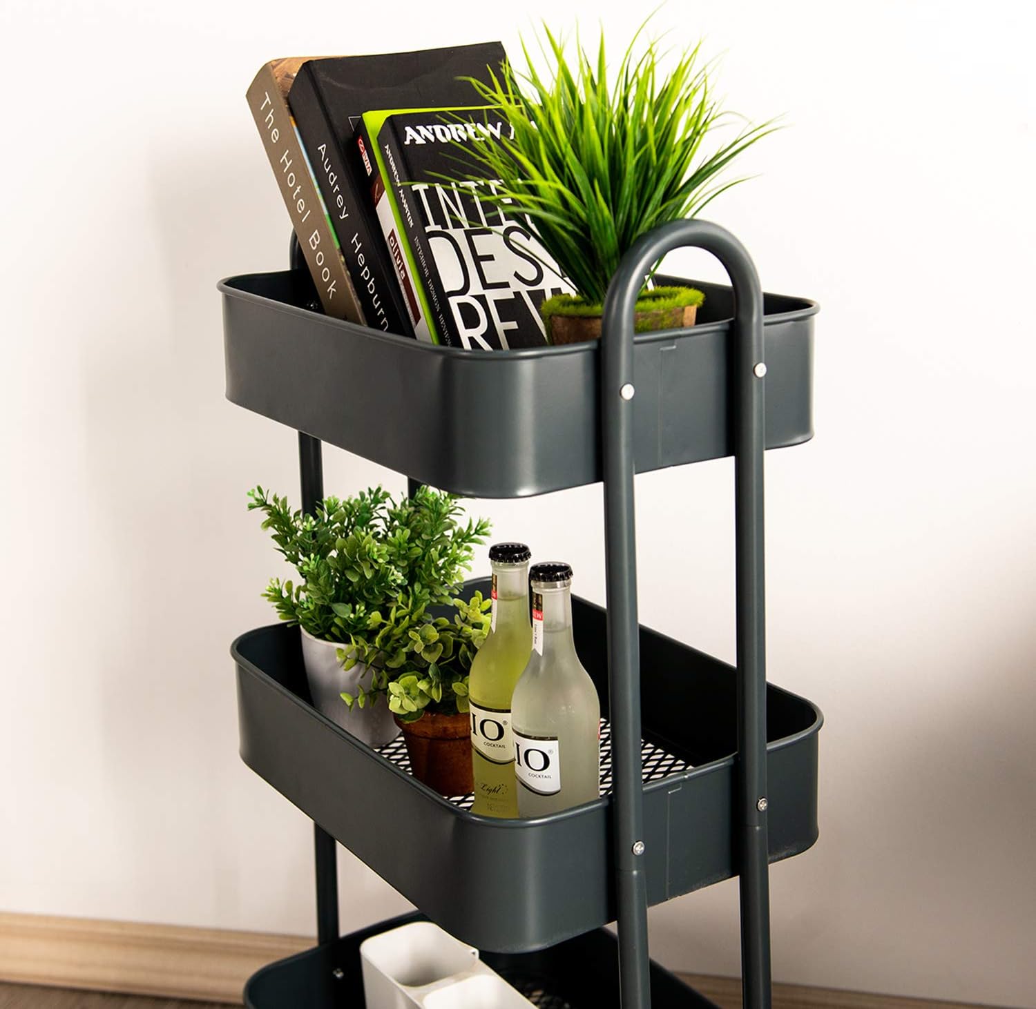 Wonline 3-Tier Metal Rolling Storage Cart with Locking Casters Grey