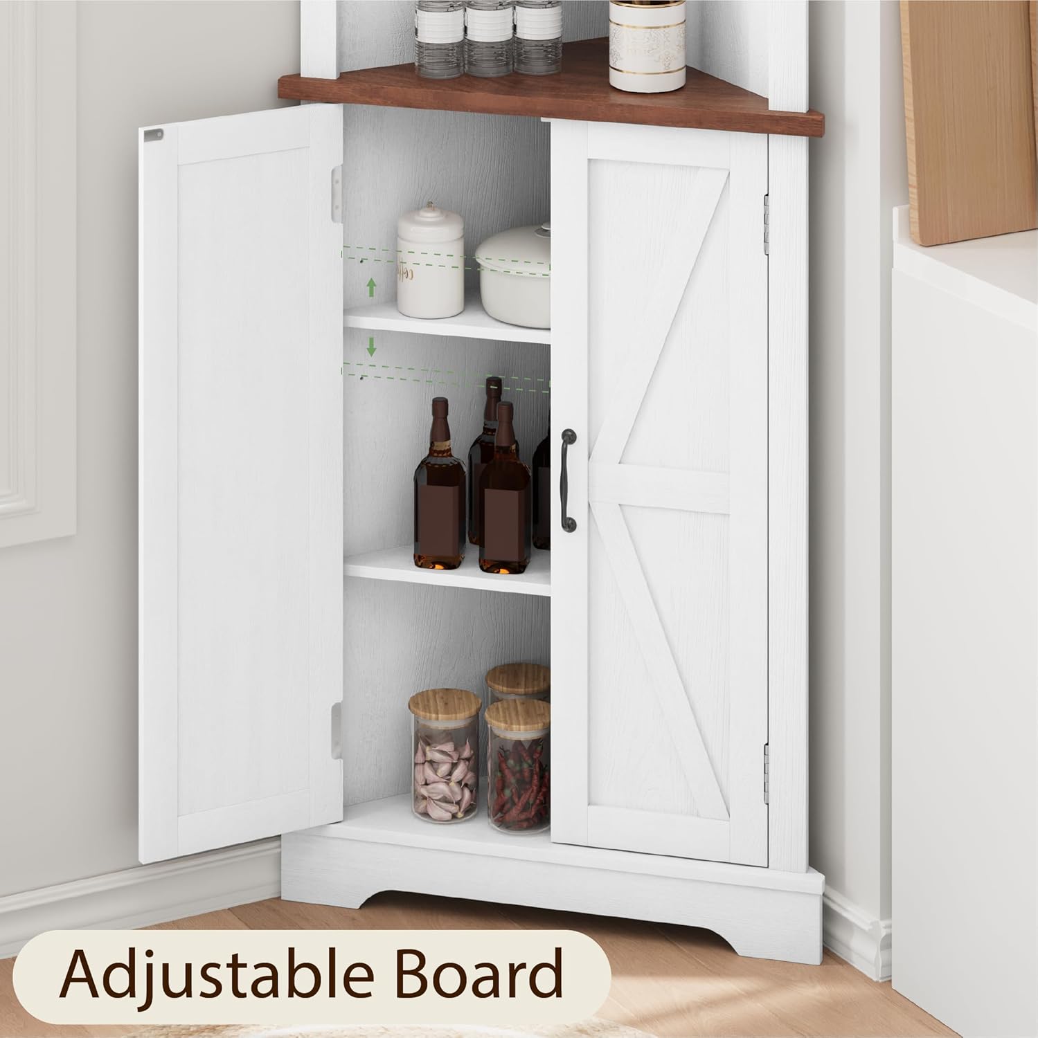 Smuxee Tall Corner Storage Cabinet with Barn Door and Adjustable Shelves