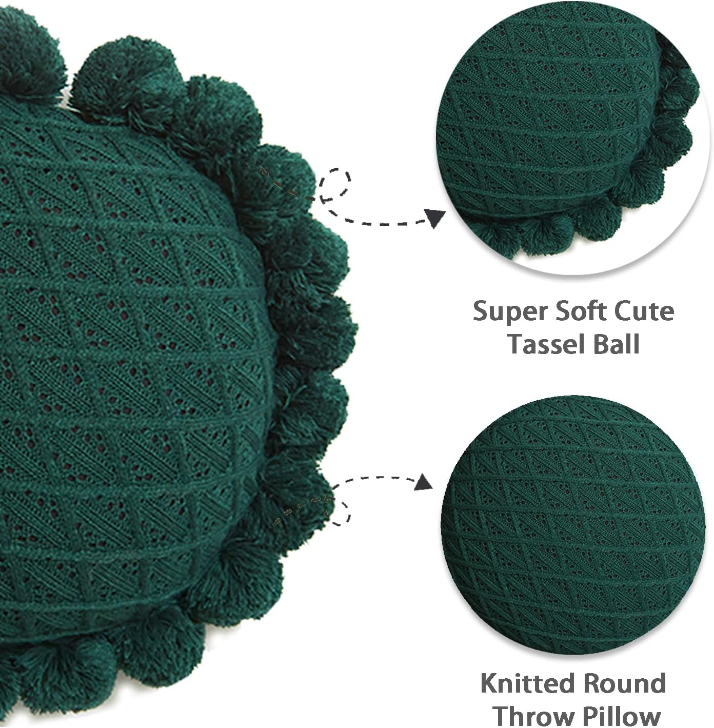 Acrylic Knitted Throw Pillow with Pom Poms Dark Green 18 Inches Diameter