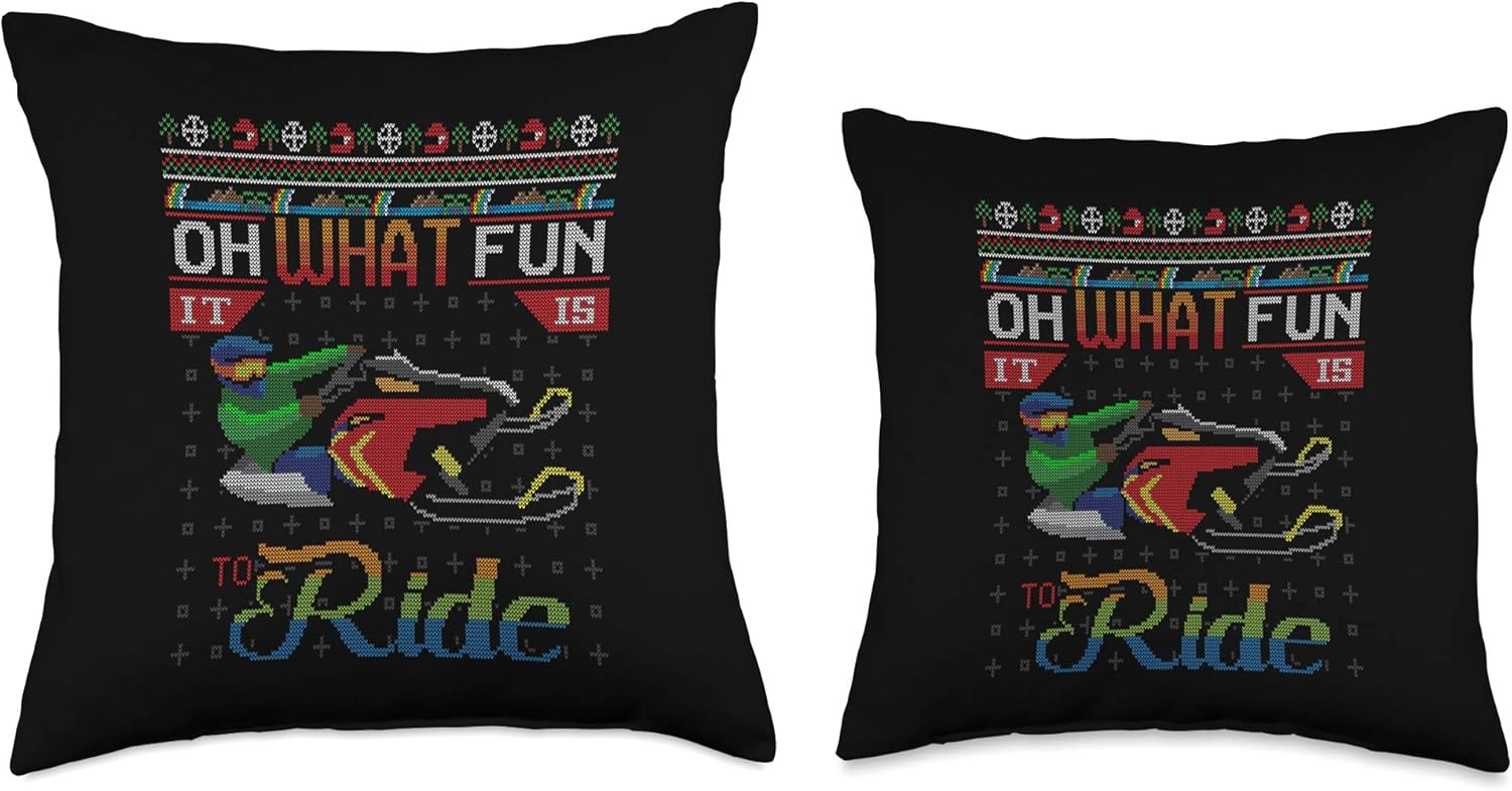 Oh What Fun It Is To Ride Snow Mobile Ugly Christmas Sweater Throw Pillow 1