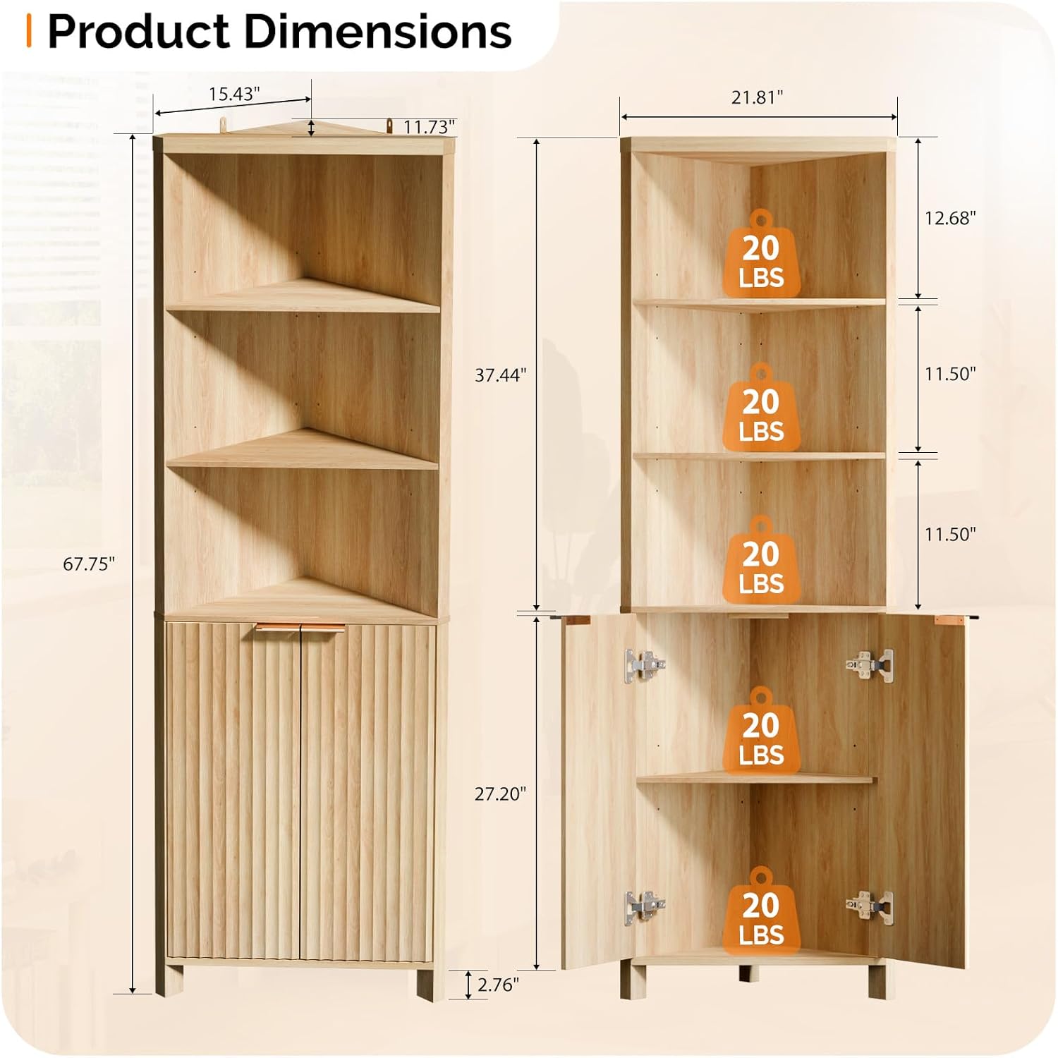 VINGLI 68 Tall Corner Cabinet with Fluted Doors