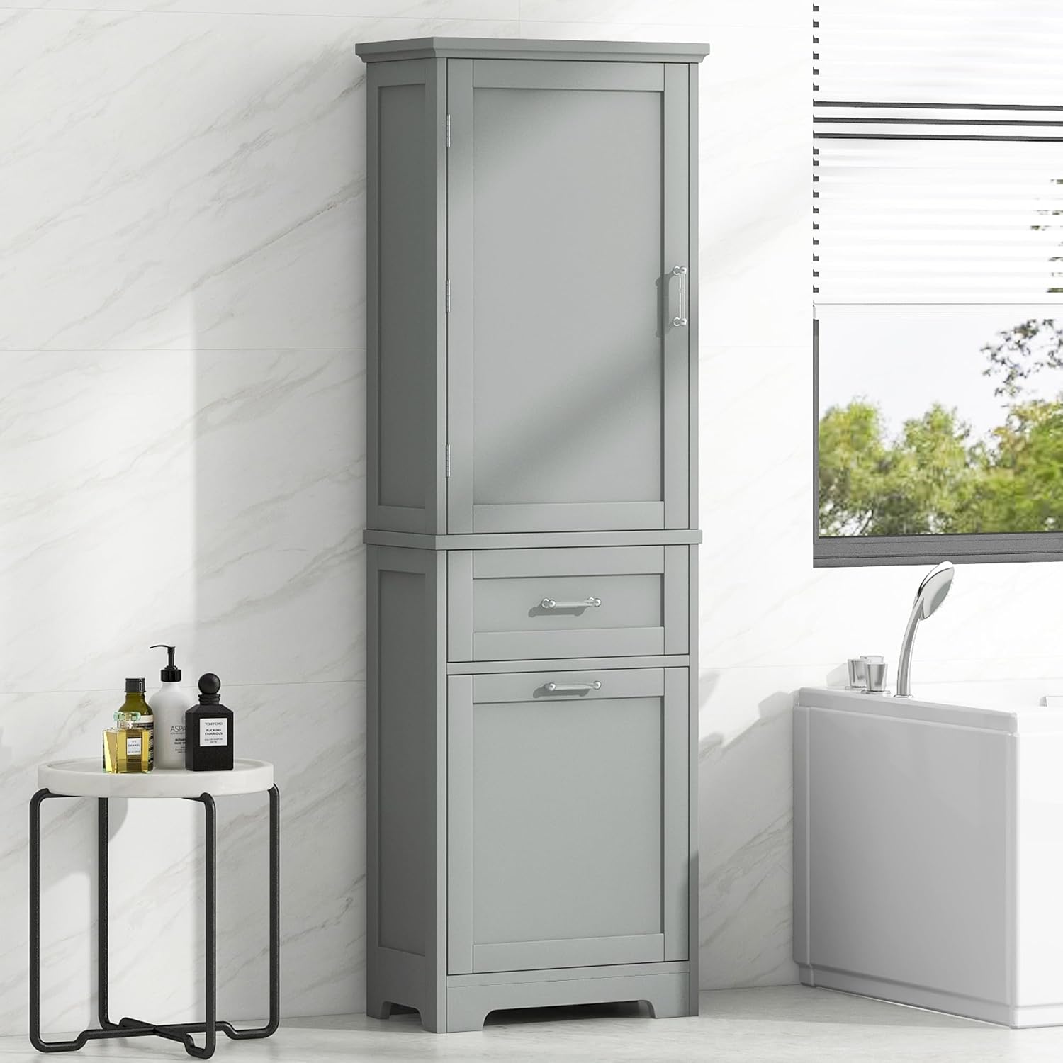 Tall Bathroom Cabinet with Two Drawers and Adjustable Shelf