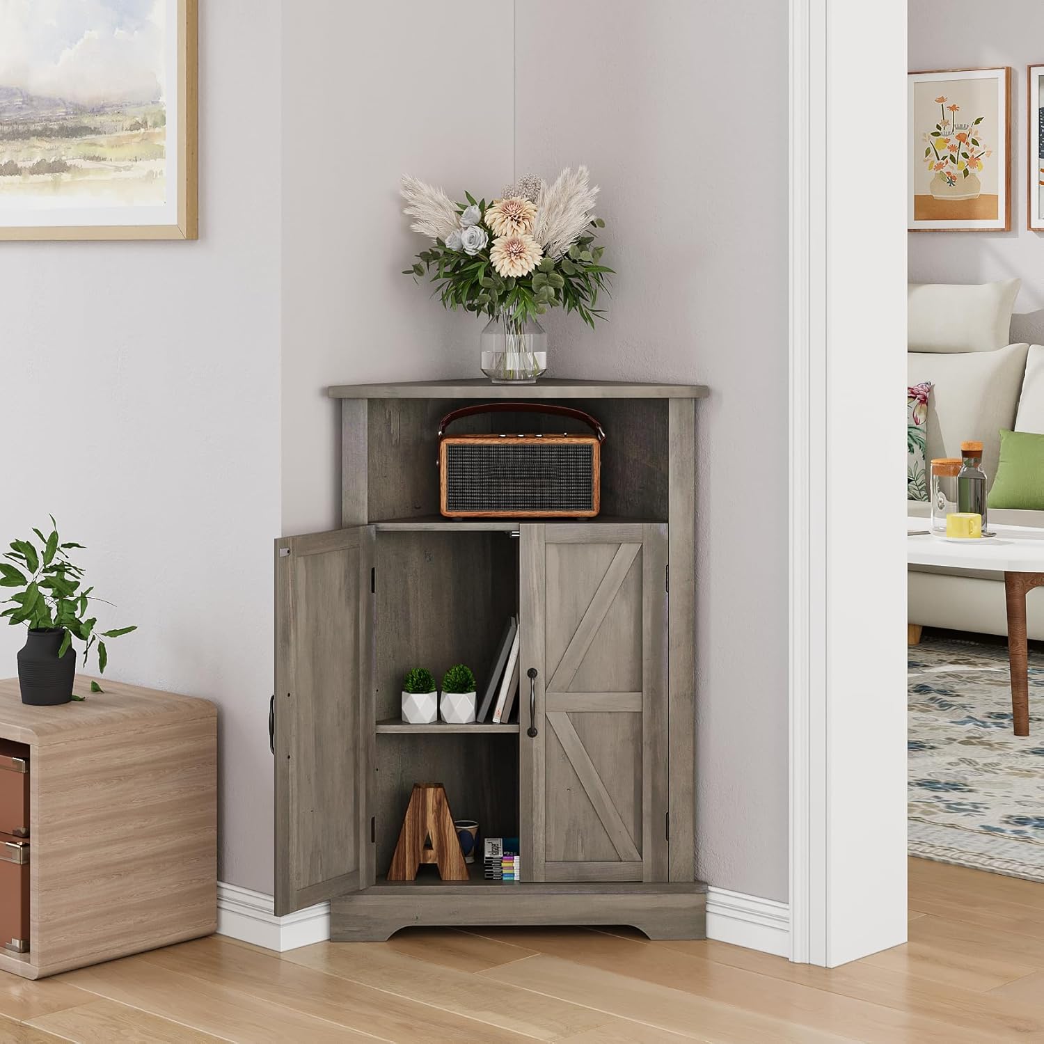 Farmhouse Corner Cabinet with Adjustable Shelves and Doors Grey