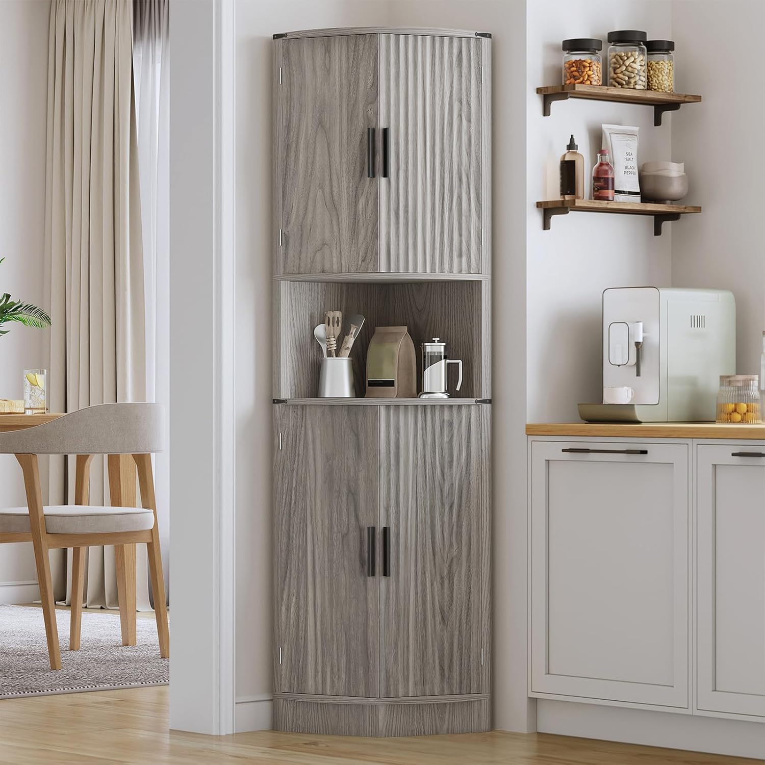 Maupvit 68 Inch Tall Corner Storage Cabinet with 4 Doors and 5 Shelves Rustic Gray