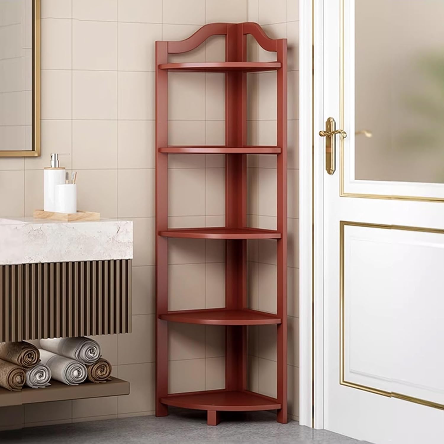Red Bathroom Corner Cabinet with Shelves