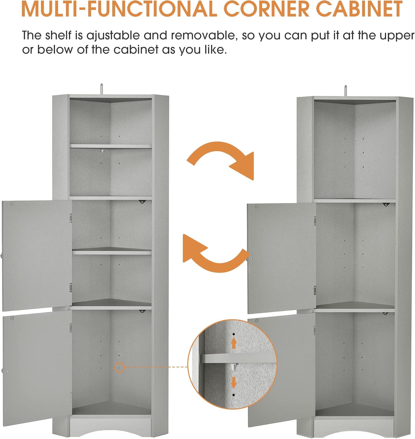 Tall Triangle Bathroom Cabinet with Doors and Adjustable Shelves Grey