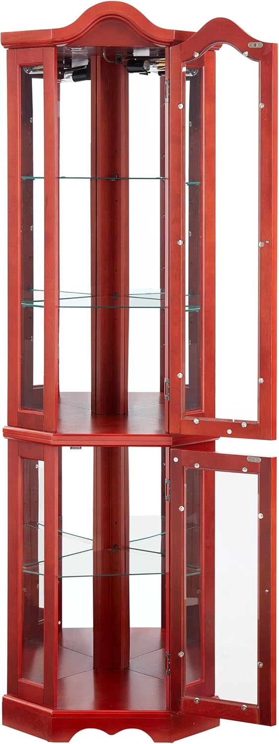 Maximize Space with Lighted Glass Curio Cabinet Corner Design Cherry Finish