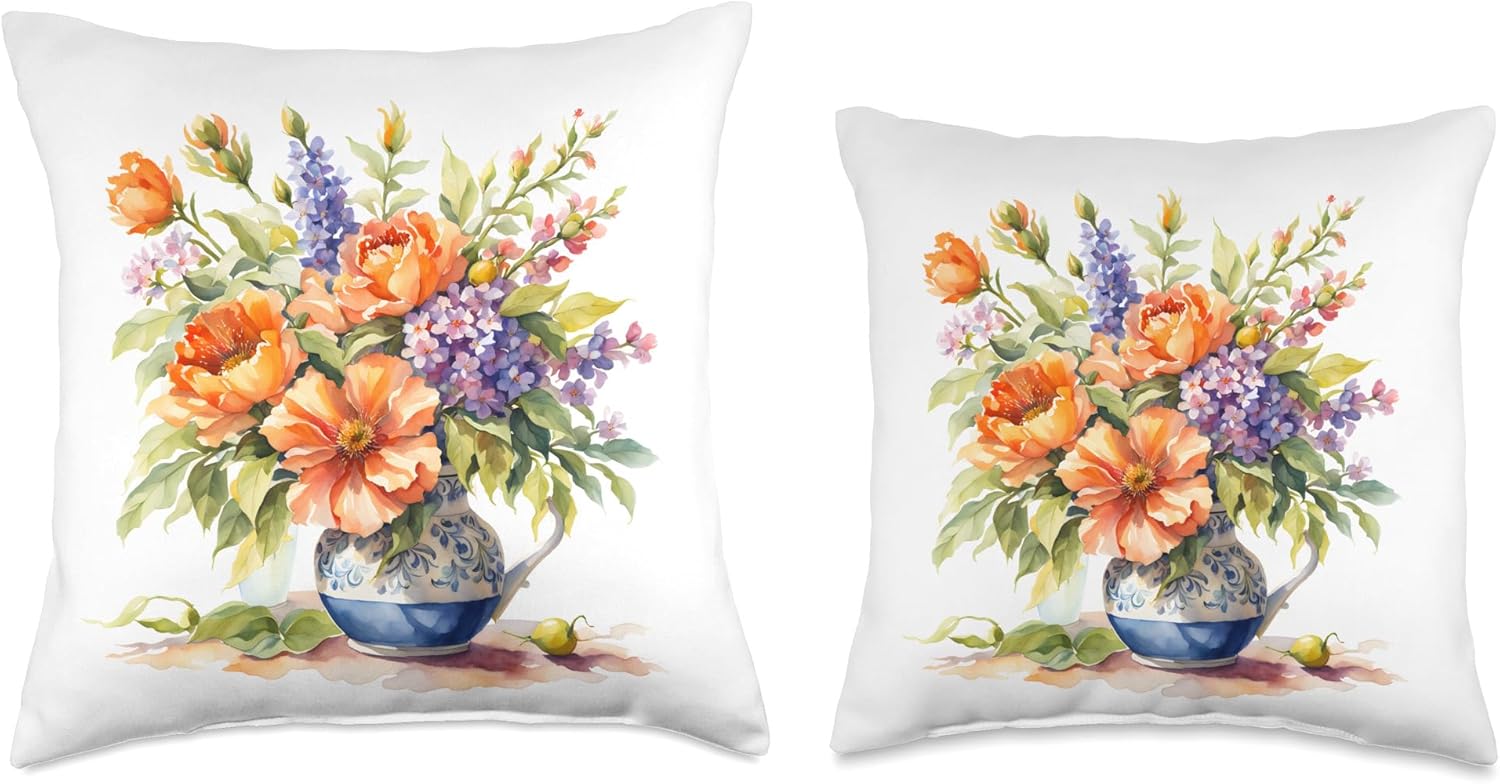 Cottage Core Watercolor Flowers Throw Pillow