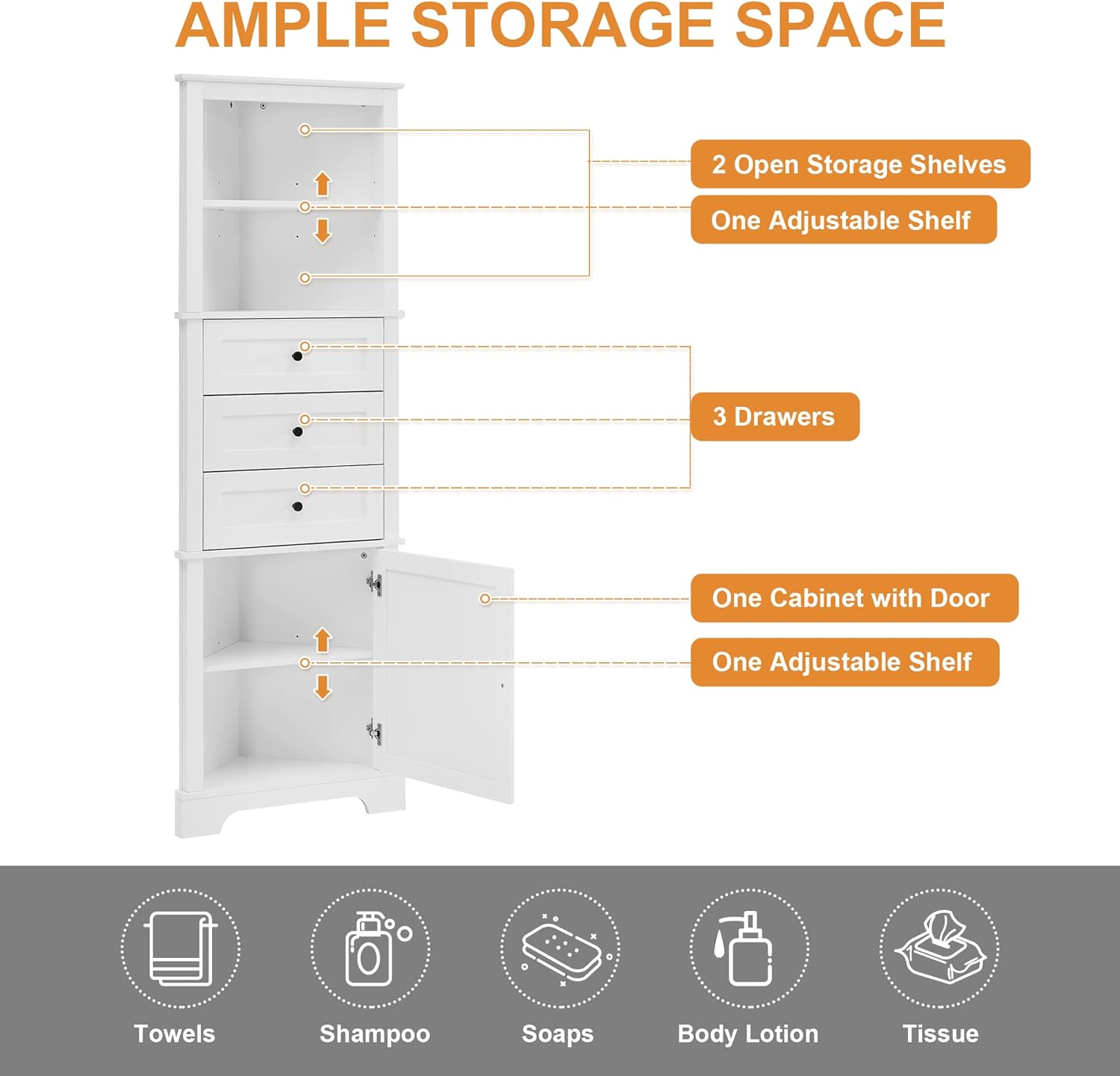 689 Inch Tall Triangle Corner Cabinet with 3 Drawers and Adjustable Shelf Freestanding Storage Cabinet White