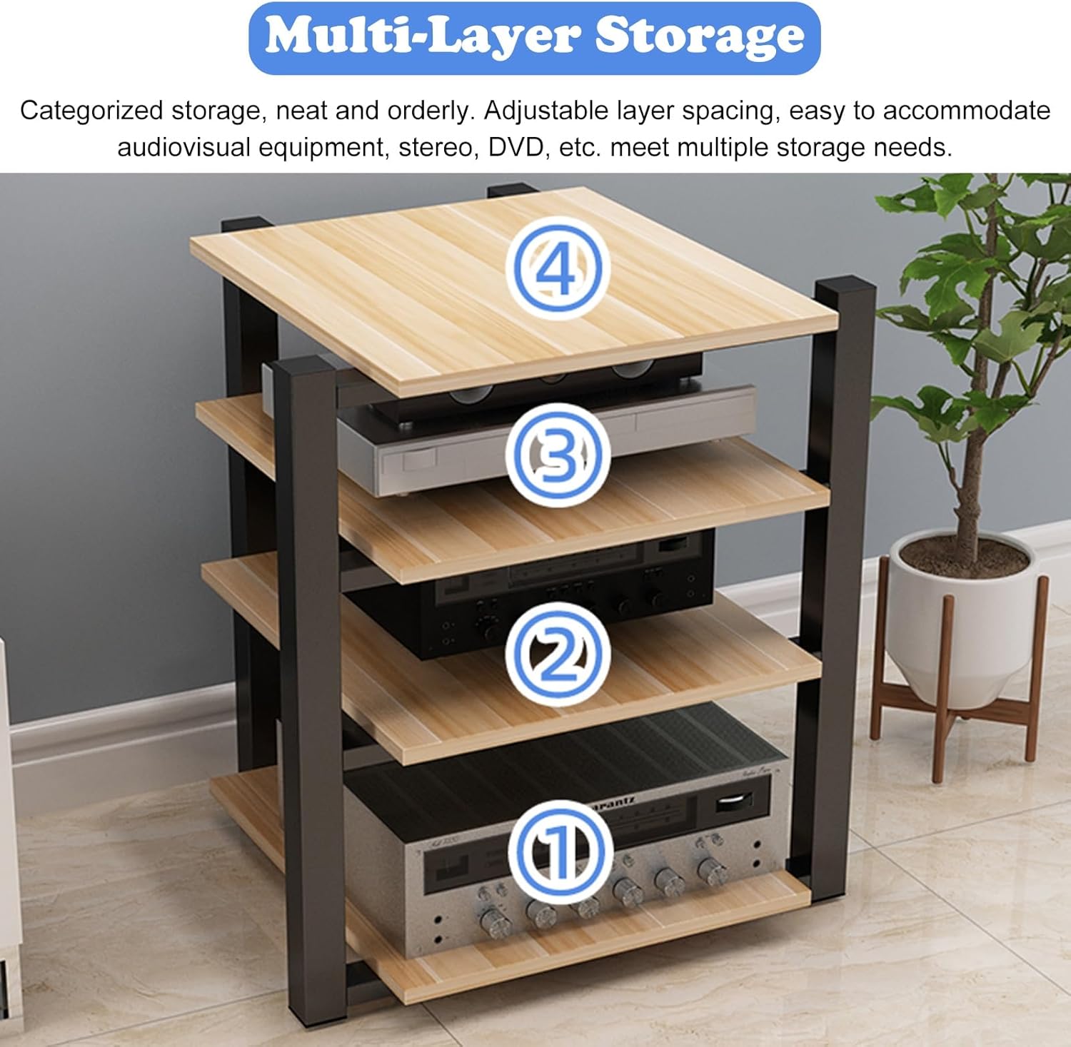 Teak Media Shelf 4 Tier Heavy Duty Audio Stand